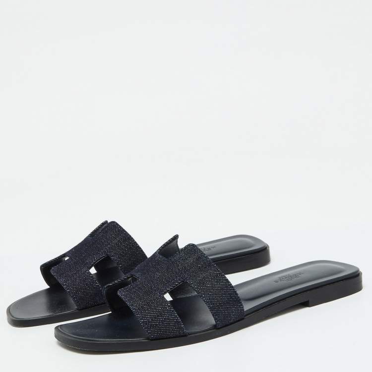Pre Owned Hermes Navy Blue Denim Oran Flat Sandals Size 39