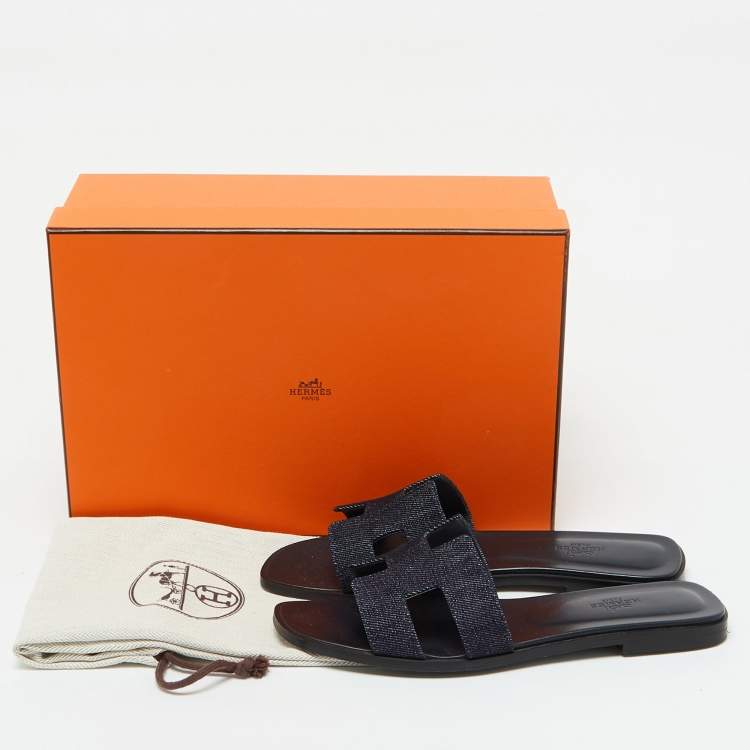 Pre Owned Hermes Navy Blue Denim Oran Flat Sandals Size 39