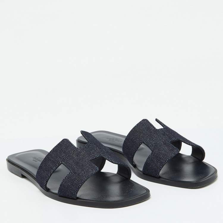 Pre Owned Hermes Navy Blue Denim Oran Flat Sandals Size 39