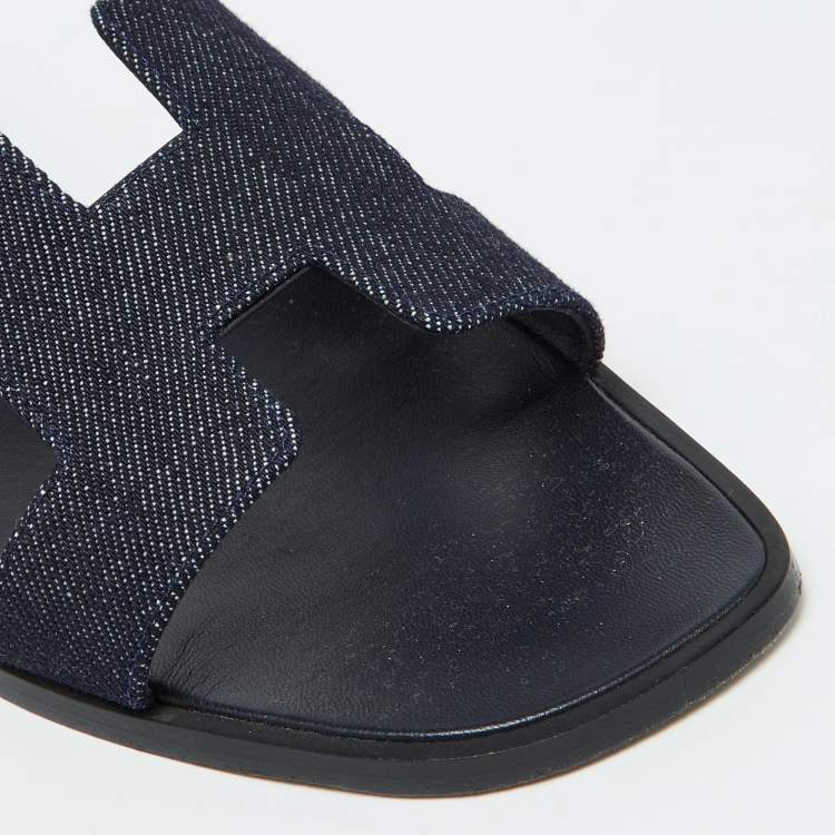 Pre Owned Hermes Navy Blue Denim Oran Flat Sandals Size 39