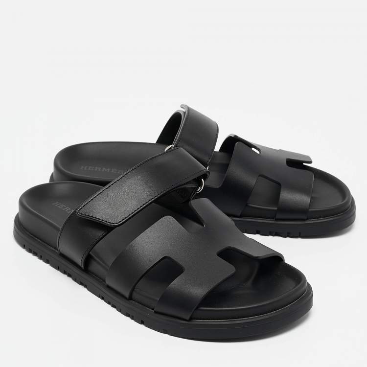 Pre Owned Hermes Black Leather Chypre Sandals Size 36.5