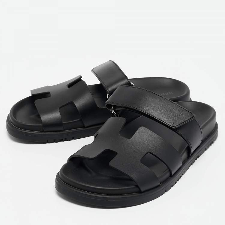 Pre Owned Hermes Black Leather Chypre Sandals Size 36.5