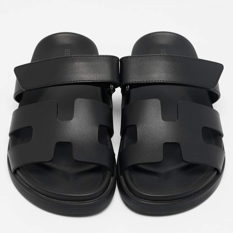 Pre Owned Hermes Black Leather Chypre Sandals Size 36.5