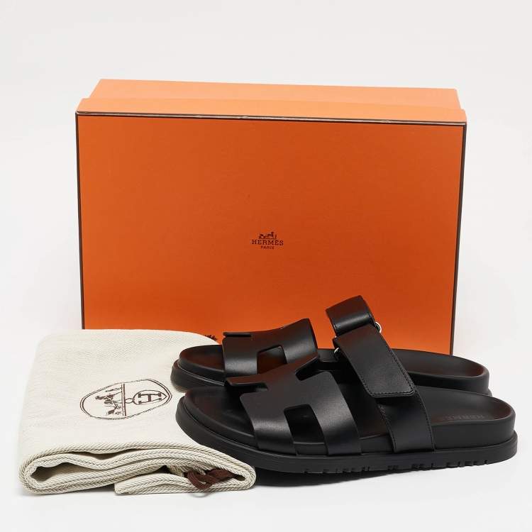 Pre Owned Hermes Black Leather Chypre Sandals Size 36.5
