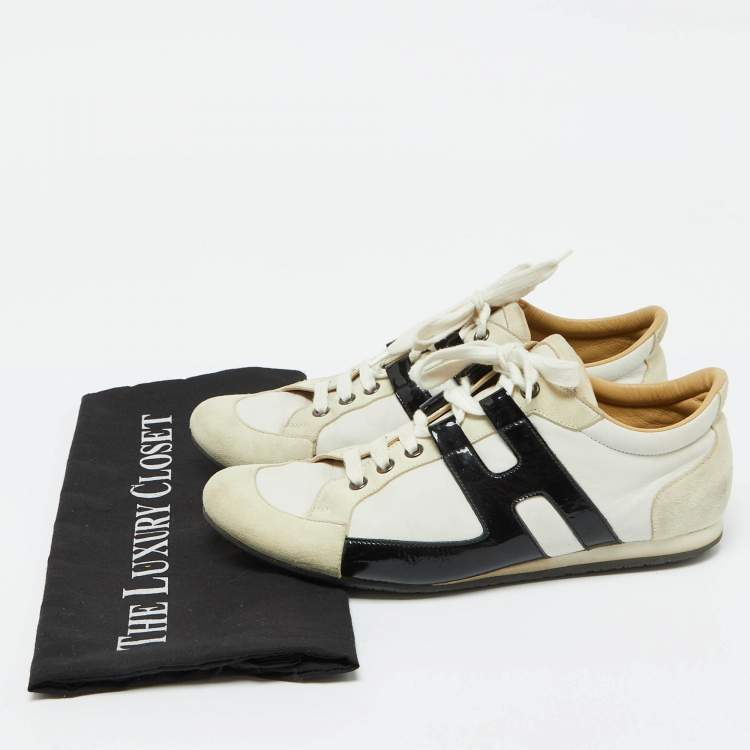 Pre Owned Hermes White/Black Leather and Suede Tie Break Sneakers Size 39