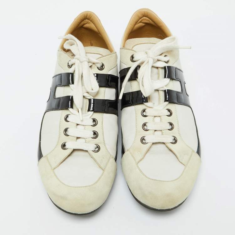 Pre Owned Hermes White/Black Leather and Suede Tie Break Sneakers Size 39