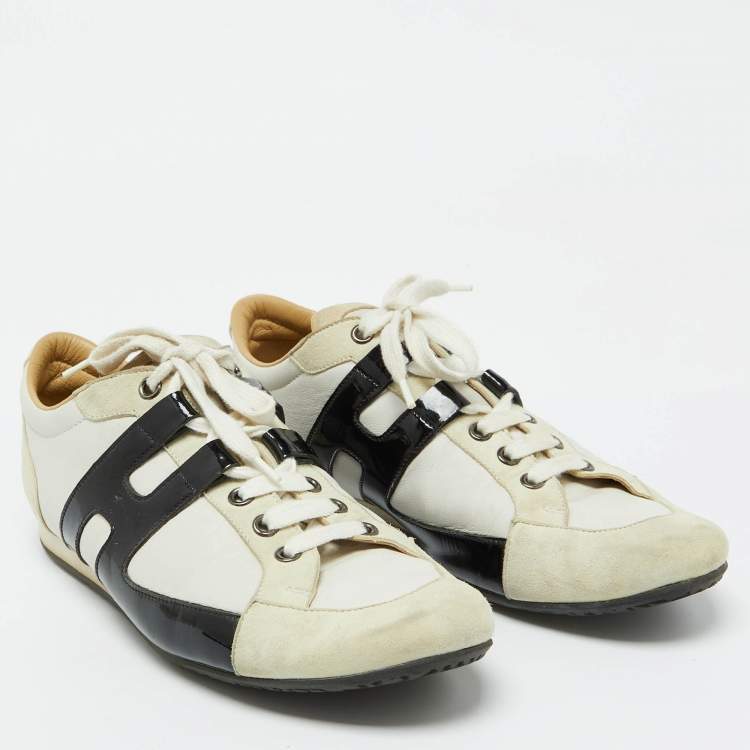 Pre Owned Hermes White/Black Leather and Suede Tie Break Sneakers Size 39