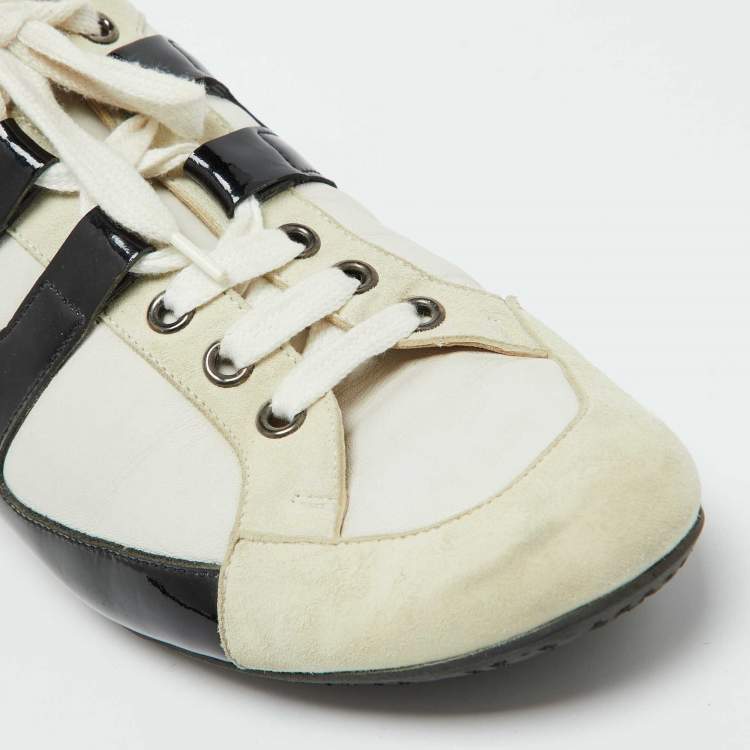 Pre Owned Hermes White/Black Leather and Suede Tie Break Sneakers Size 39