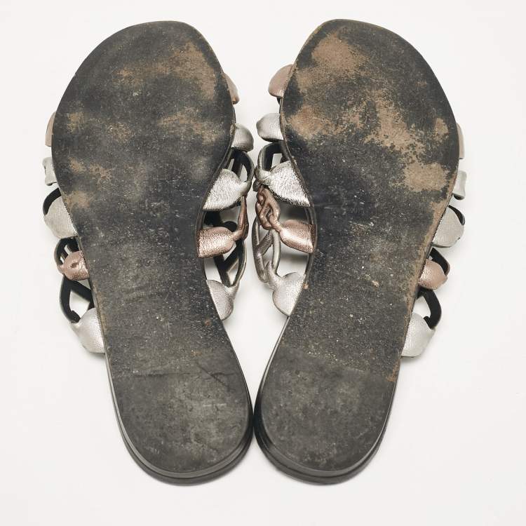 Pre Owned Hermes Metallic Leather Thalassa Flat Slides Size 36