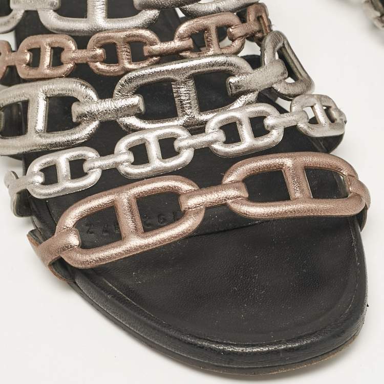 Pre Owned Hermes Metallic Leather Thalassa Flat Slides Size 36