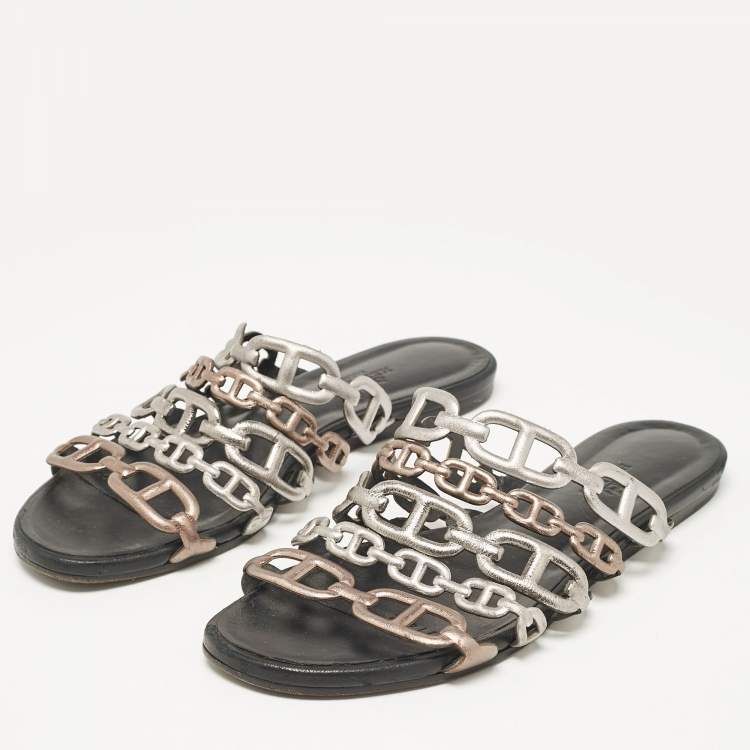 Pre Owned Hermes Metallic Leather Thalassa Flat Slides Size 36