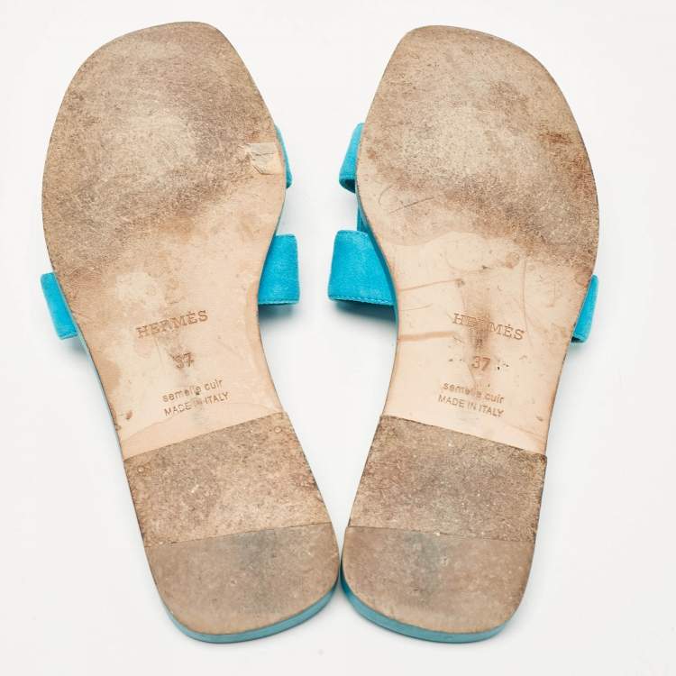 Pre Owned Hermes Blue Suede Oran Flat Slides Size 37