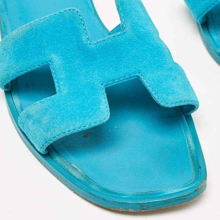 Pre Owned Hermes Blue Suede Oran Flat Slides Size 37