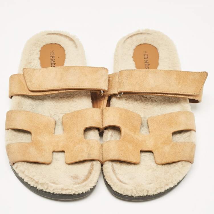 Pre Owned Hermes Tan Suede Chypre Sandals Size 40.5