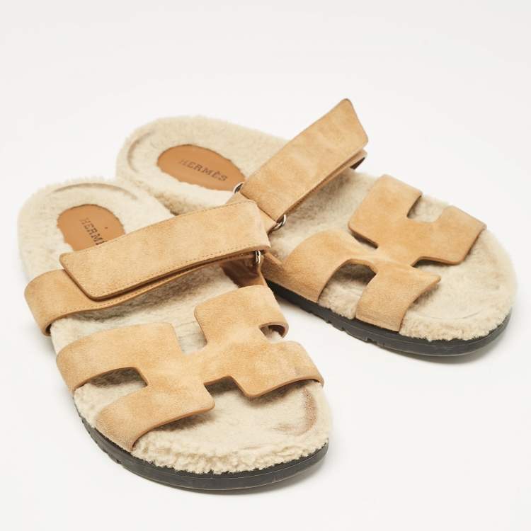 Pre Owned Hermes Tan Suede Chypre Sandals Size 40.5