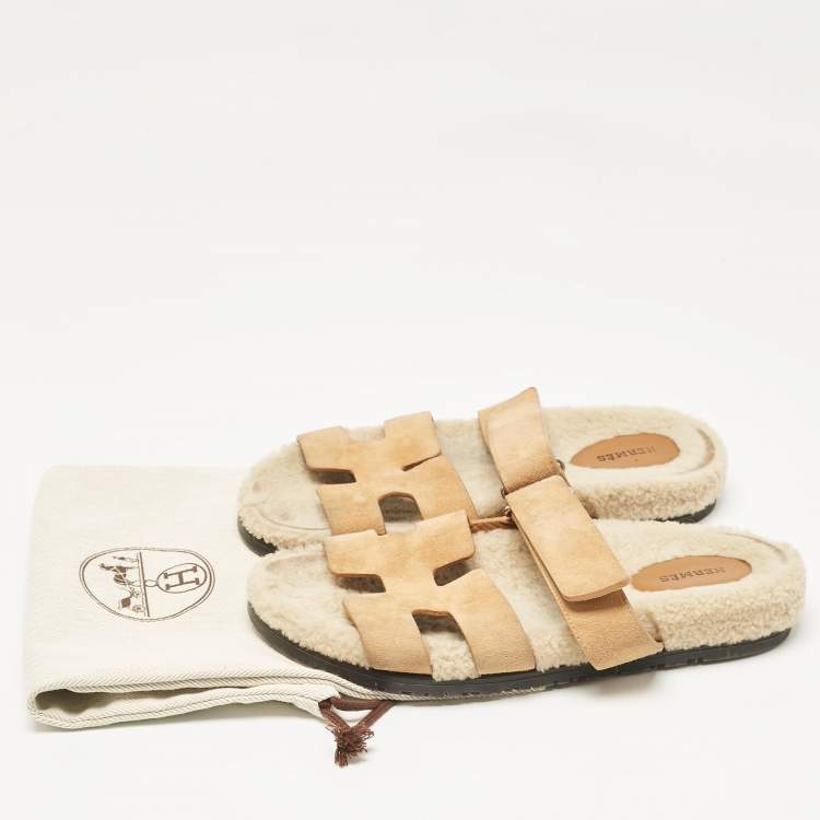 Pre Owned Hermes Tan Suede Chypre Sandals Size 40.5