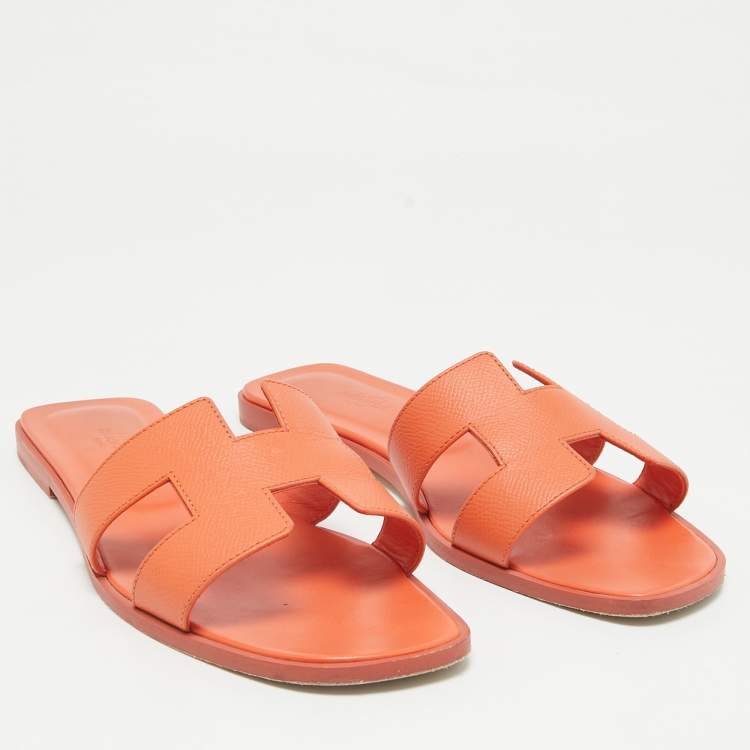 Pre Owned Hermes Orange Leather Oran Flat Sandals Size 40
