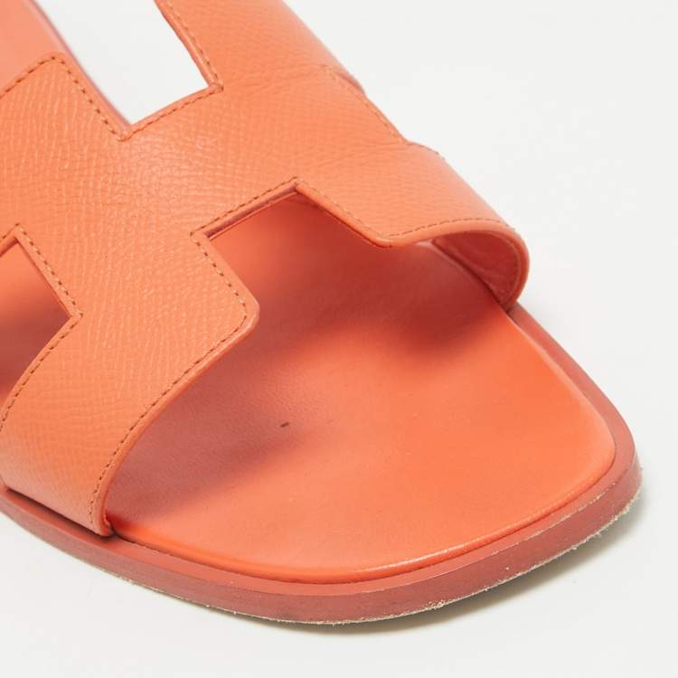 Pre Owned Hermes Orange Leather Oran Flat Sandals Size 40