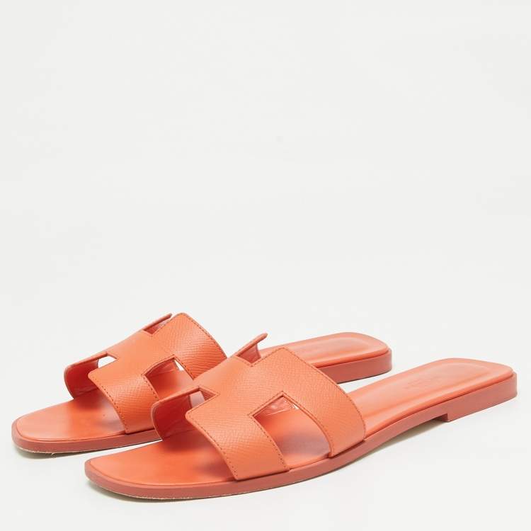 Pre Owned Hermes Orange Leather Oran Flat Sandals Size 40