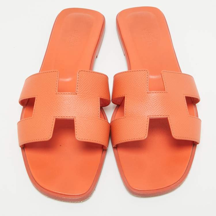 Pre Owned Hermes Orange Leather Oran Flat Sandals Size 40