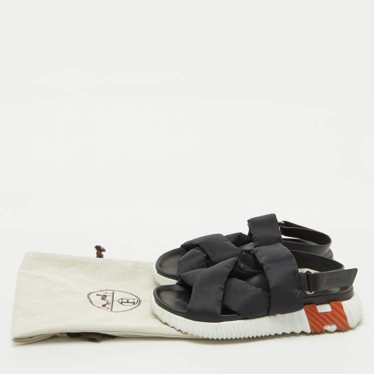 Pre Owned Hermes Black Parachute Fabric Electric Flat Sandals Size 37.5