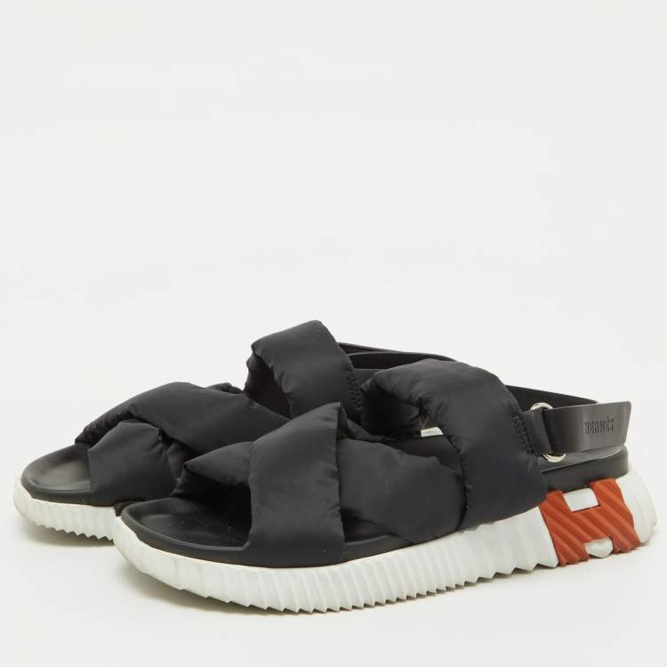Pre Owned Hermes Black Parachute Fabric Electric Flat Sandals Size 37.5