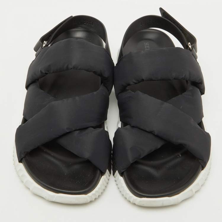 Pre Owned Hermes Black Parachute Fabric Electric Flat Sandals Size 37.5