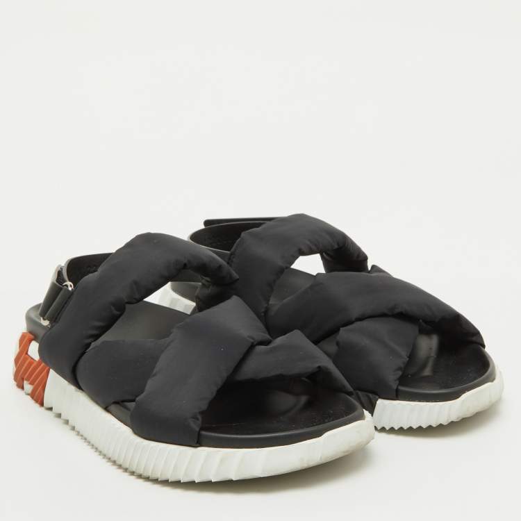 Pre Owned Hermes Black Parachute Fabric Electric Flat Sandals Size 37.5