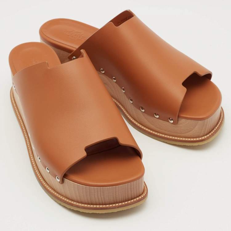 Pre Owned Hermes Tan Leather Ellipse Platform Sandals Size 40