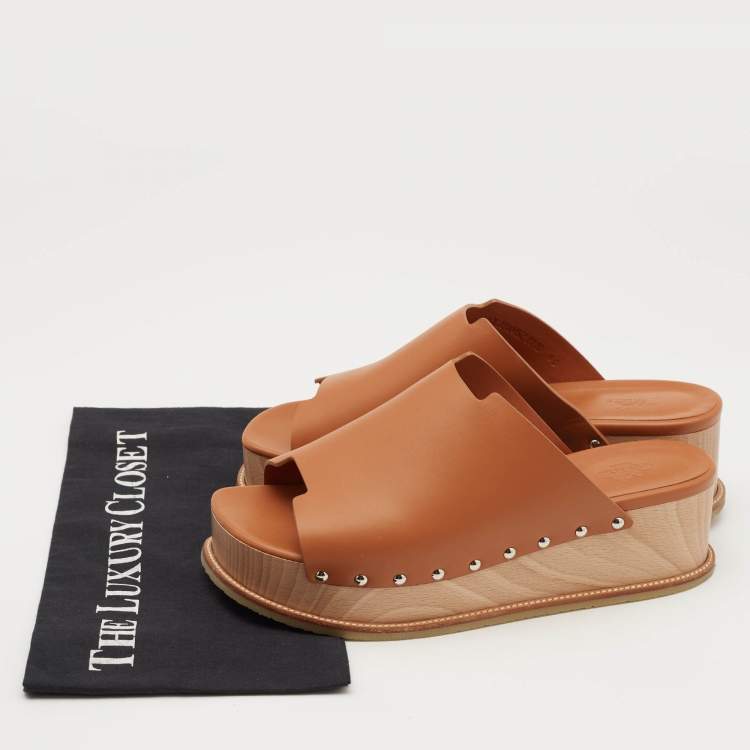 Pre Owned Hermes Tan Leather Ellipse Platform Sandals Size 40