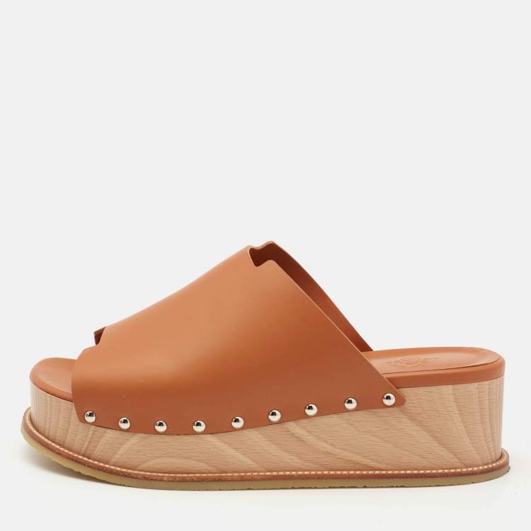 Pre Owned Hermes Tan Leather Ellipse Platform Sandals Size 40