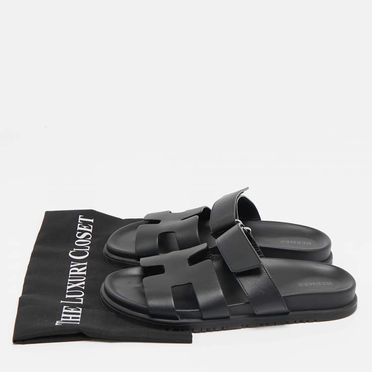 Pre Owned Hermes Black Leather Chypre Flat Sandals Size 39