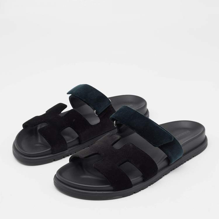 Pre Owned Hermes Black/Green  Velvet Chypre Flat Sandals Size 40
