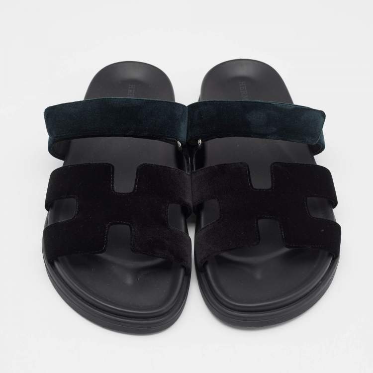 Pre Owned Hermes Black/Green  Velvet Chypre Flat Sandals Size 40