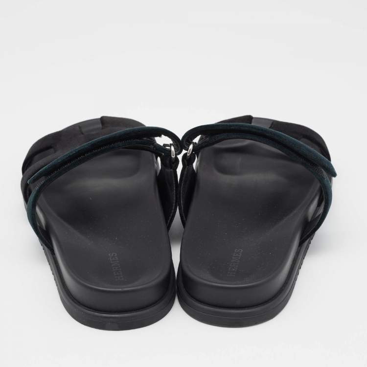 Pre Owned Hermes Black/Green  Velvet Chypre Flat Sandals Size 40