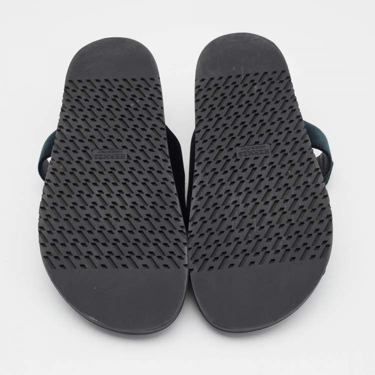 Pre Owned Hermes Black/Green  Velvet Chypre Flat Sandals Size 40