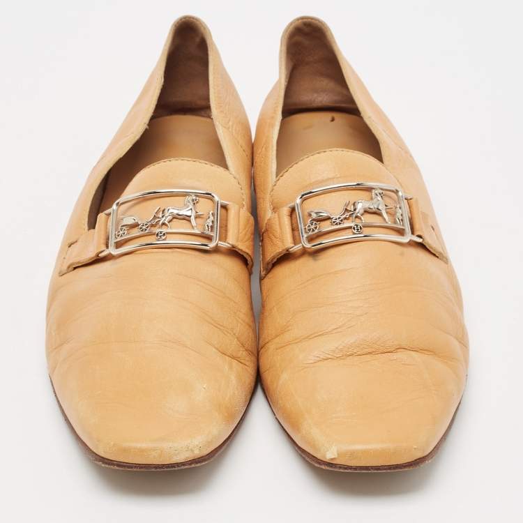 Pre Owned Hermes Brown Leather Smoking Slippers Size 37