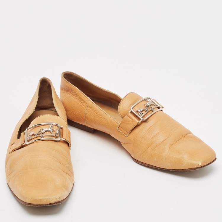 Pre Owned Hermes Brown Leather Smoking Slippers Size 37