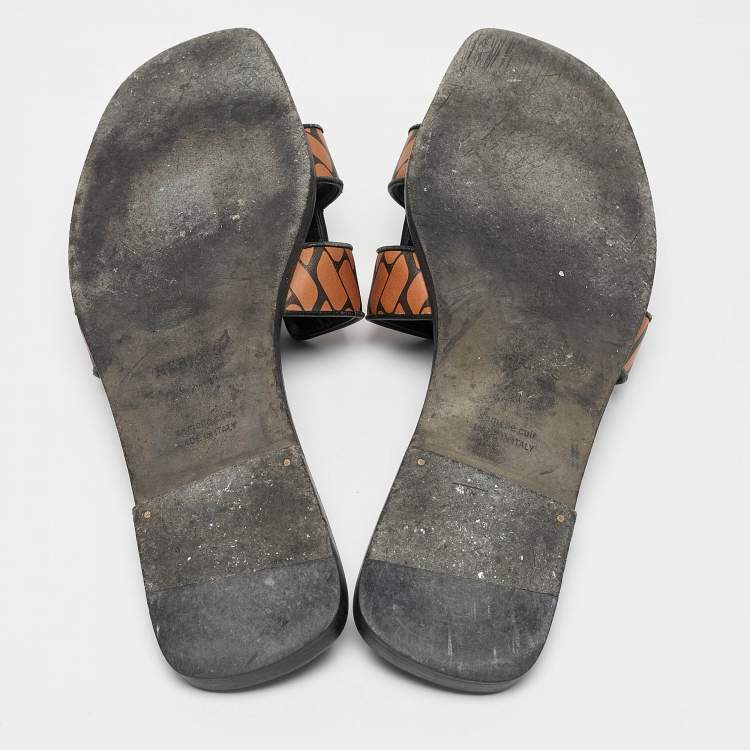 Pre Owned Hermès Black/Brown Printed Leather Oran Flat Slides Size 41