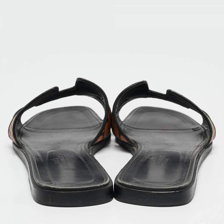 Pre Owned Hermès Black/Brown Printed Leather Oran Flat Slides Size 41