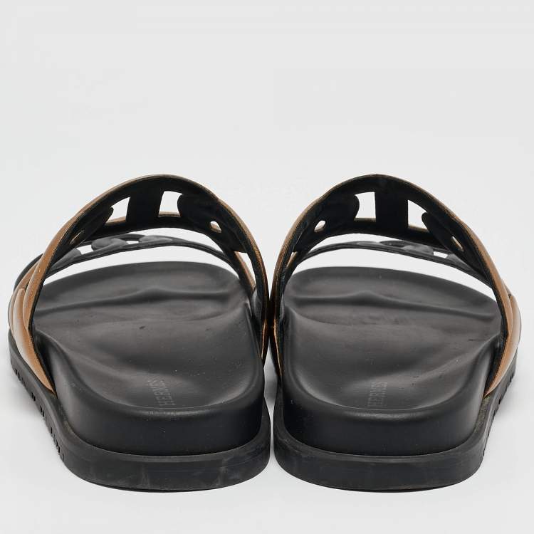 Pre Owned Hermes Black/Gold Leather Extra Sandals Size 36