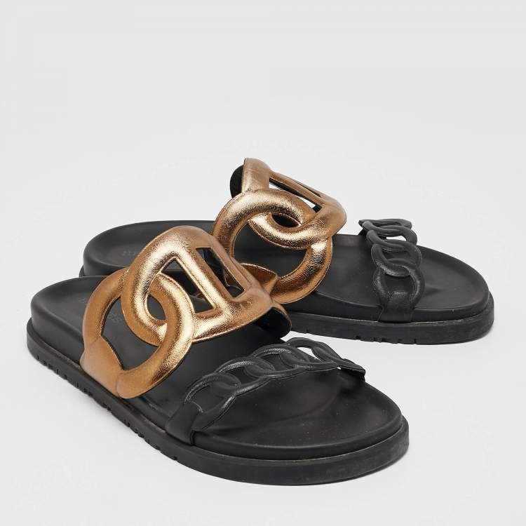 Pre Owned Hermes Black/Gold Leather Extra Sandals Size 36