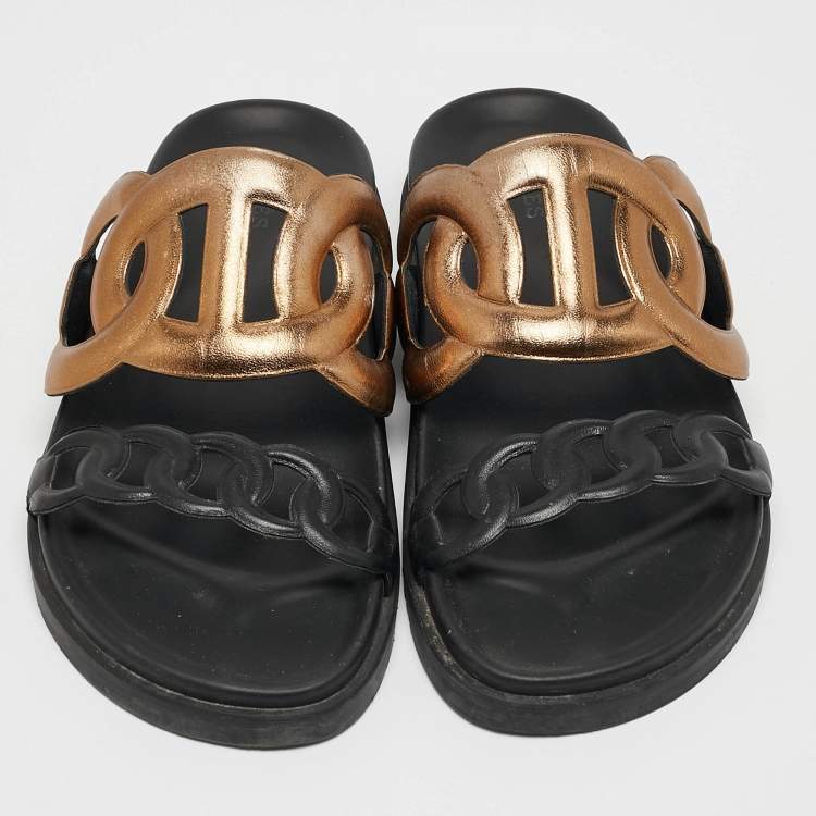 Pre Owned Hermes Black/Gold Leather Extra Sandals Size 36