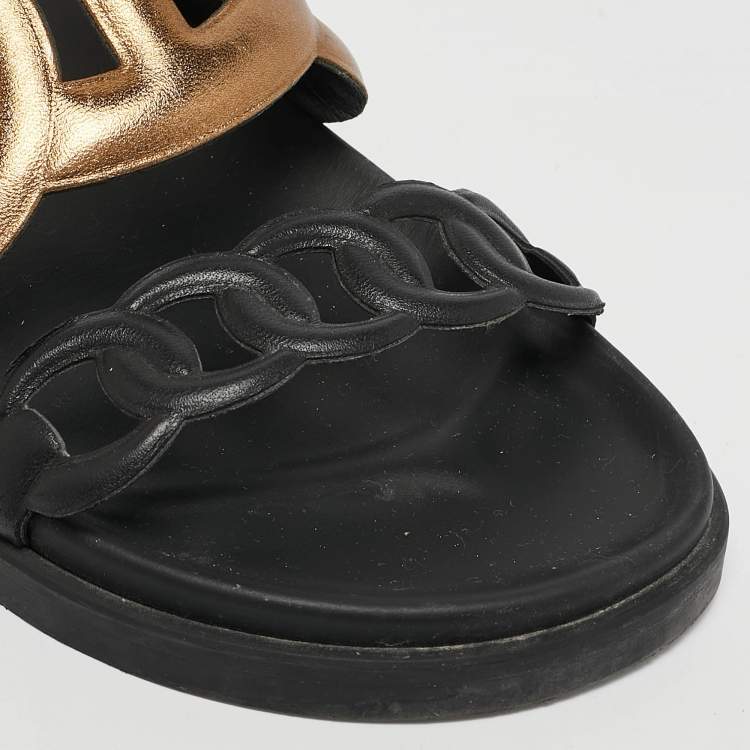 Pre Owned Hermes Black/Gold Leather Extra Sandals Size 36