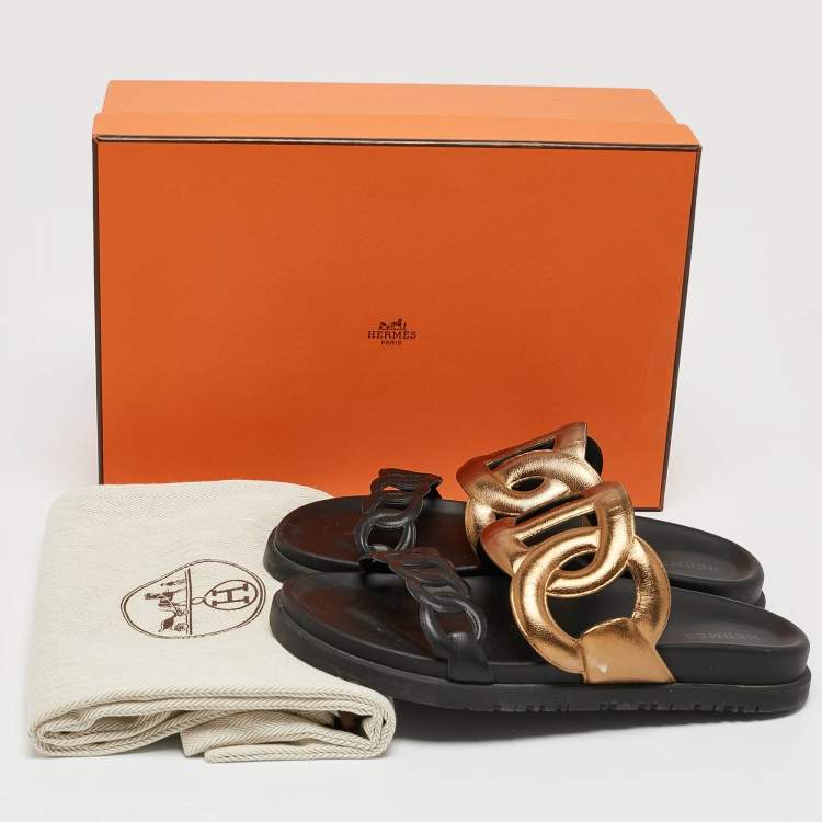 Pre Owned Hermes Black/Gold Leather Extra Sandals Size 36