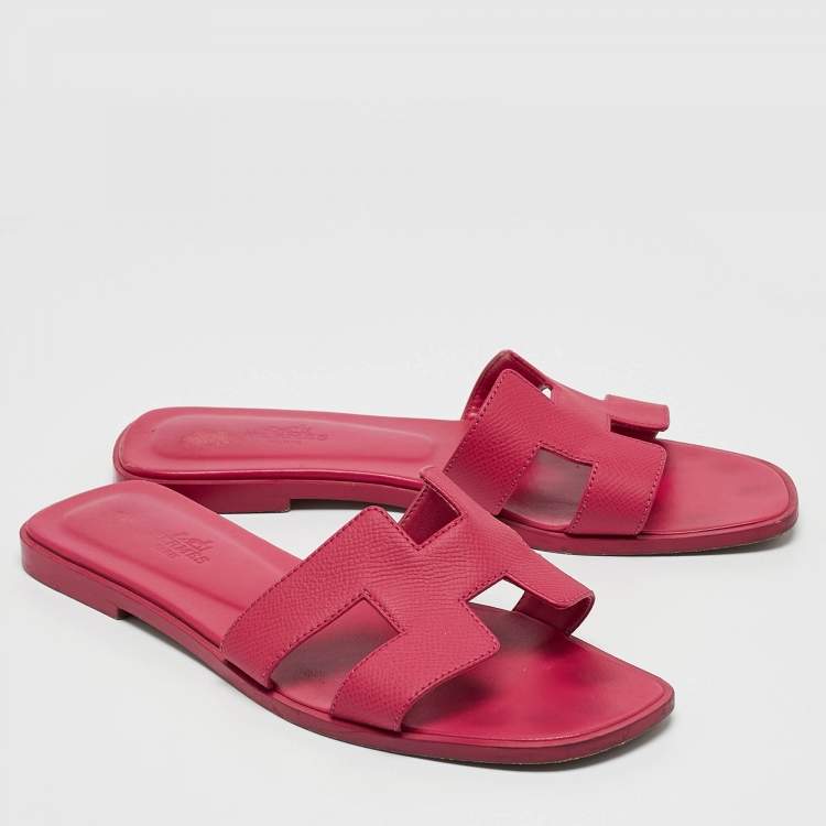 Pre Owned Hermès Pink Leather Oran Flat Slide Sandals Size 38