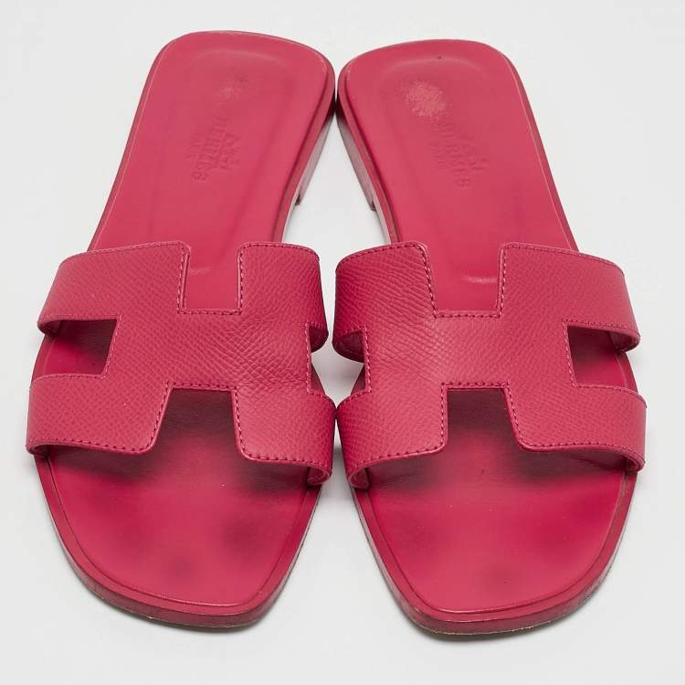 Pre Owned Hermès Pink Leather Oran Flat Slide Sandals Size 38
