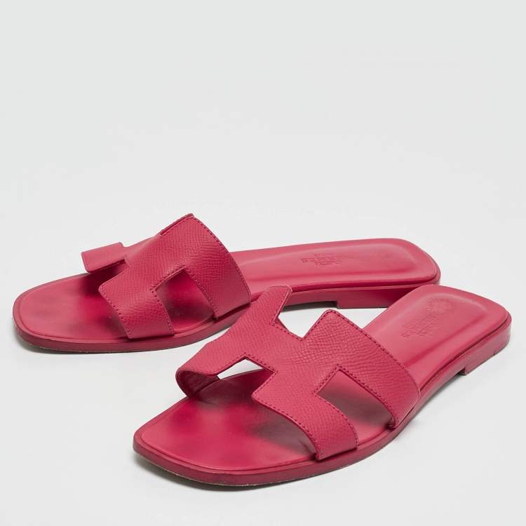Pre Owned Hermès Pink Leather Oran Flat Slide Sandals Size 38