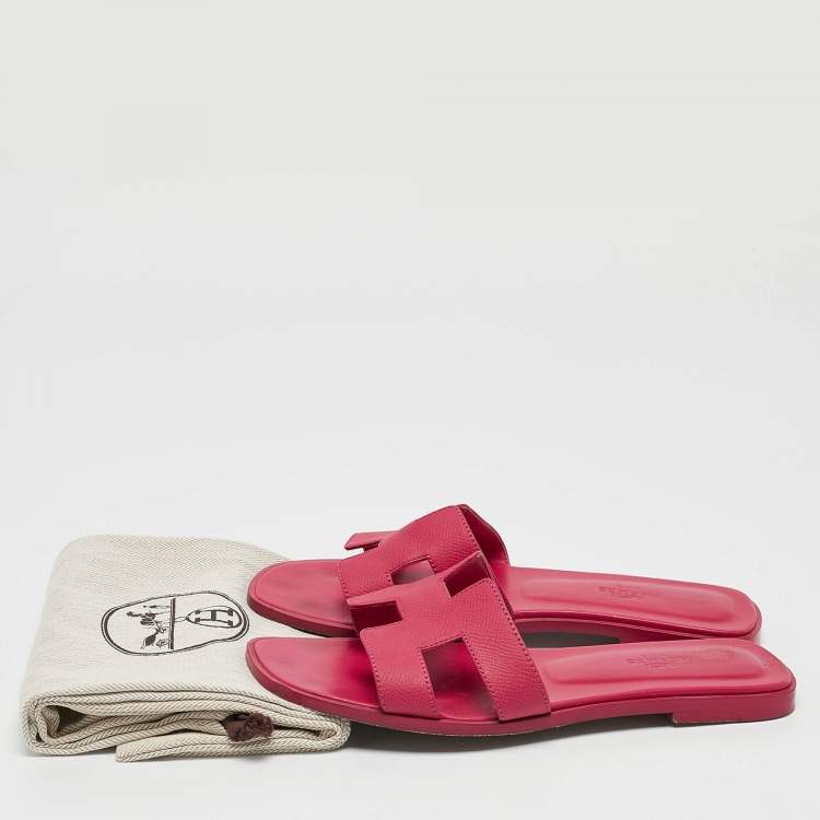 Pre Owned Hermès Pink Leather Oran Flat Slide Sandals Size 38