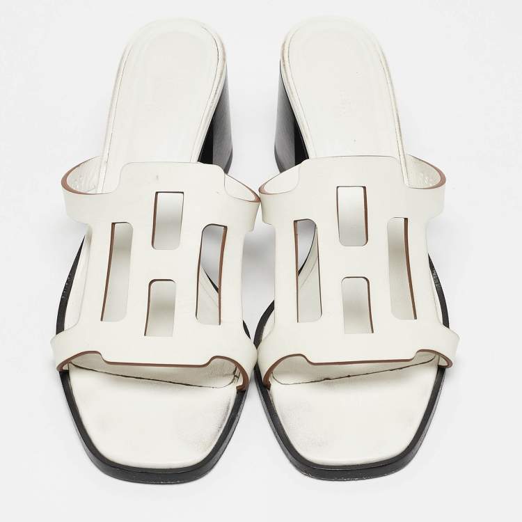 Pre Owned Hermes White Leather Izzy Slide Sandals Size 38.5
